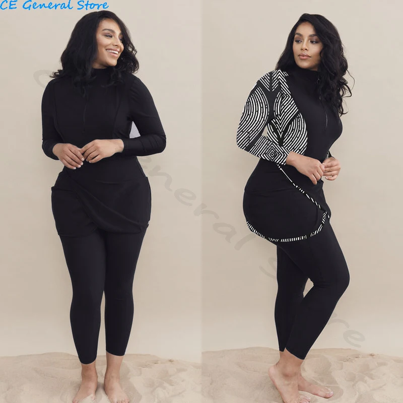 3PCS/Set Plus Big Size Burkinis Muslim Swimming Suit Swimwear Women Modest Patchwork Long Sleeve Sport Swimsuit Islamic