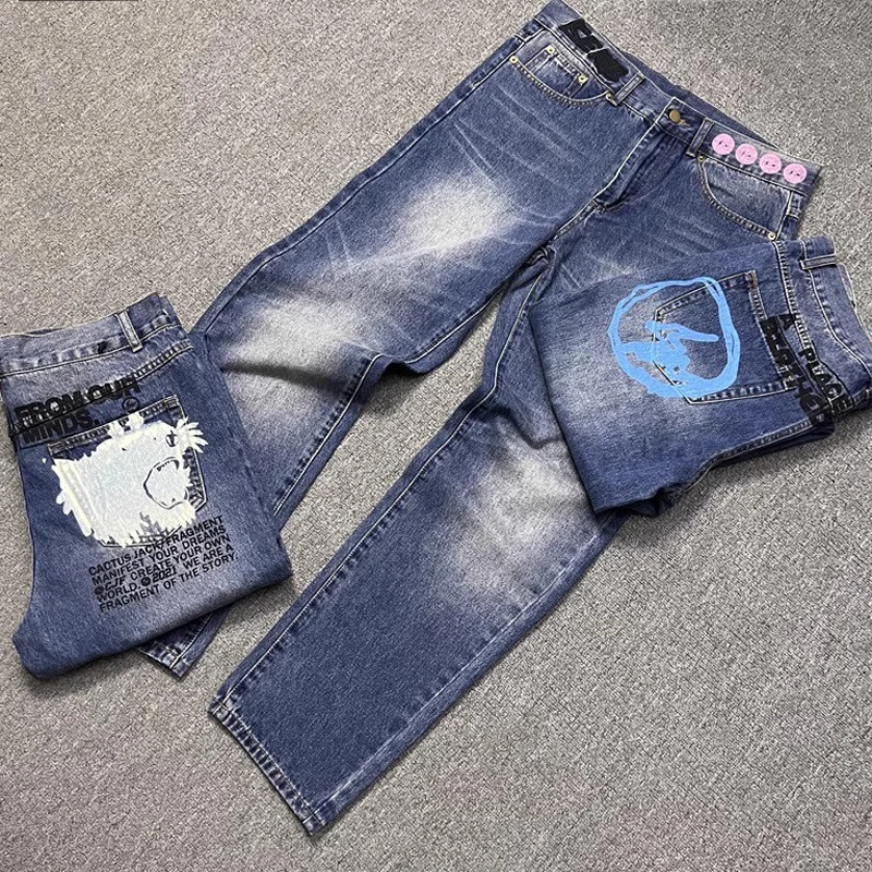 

2025 Cactus Jack Vintage Rinsing Jeans Pants Men Women 1:1 Best Quality Blue Heavy Embroidery Trousers