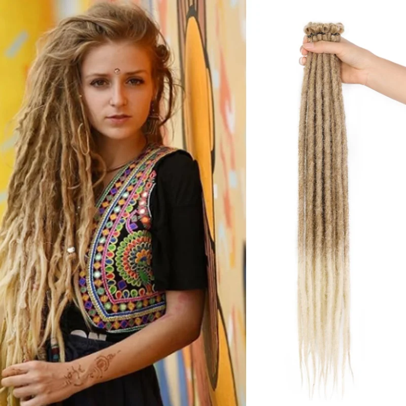 Ekstensi Dreadlock, 24 inci Cokelat ke Pirang, Ekstensi Dread Sintetis Rajut Ujung Tunggal dengan Gaya Reggae untuk perempuan
