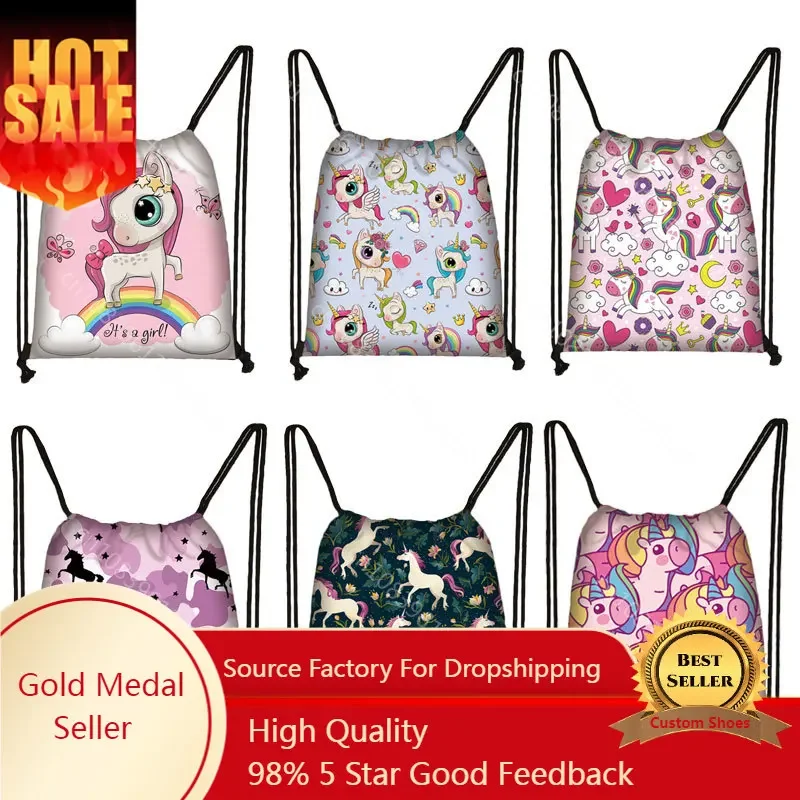 Unicorn Floral Drawstring Bag Women Backpack Girls Pink Horse Canvas Storage Bags Girls Shoulder Bags for Travel Shoes Holder