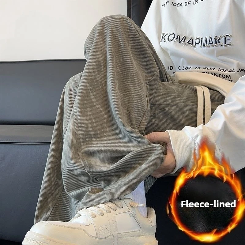 

Мужские спортивные штаны в американском стиле с флисом, свободные прямые брюки с принтом тай-дай, вельветовые трендовые утепленные износостойкие широкие брюки