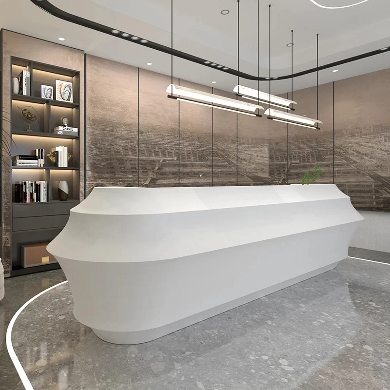 The company's reception desk is simple, modern, and stylish, with a creative bar table, and the hotel is high-end view 3