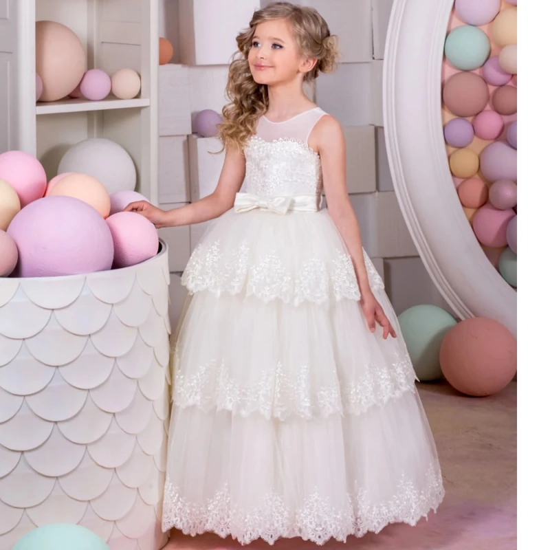 

Flower Girl Dresses Ivory Tulle Lace Embroidery With Bow Belt Sleeveless For Wedding Birthday Banquet Holy Communion Gowns