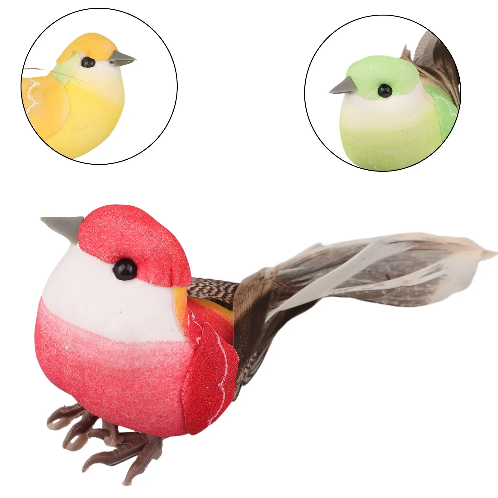 6 Pack Fake Feather Bird Decorations for Festive Tree Use with Naturalistic Posture and Lightweight Foam Feather Assembly