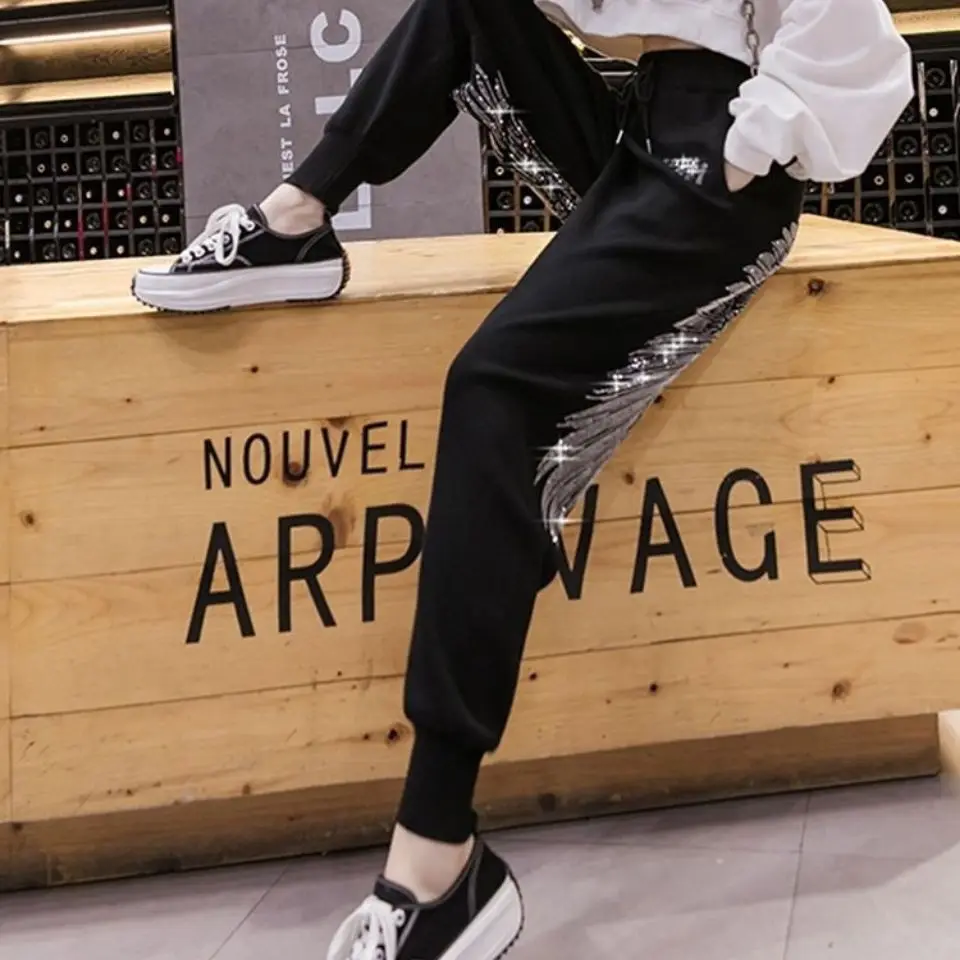 Black Rhinestone Workout Pants Women - Fashion Wing Design Joggers High Waisted Loose Harlequin Bottoms All Season