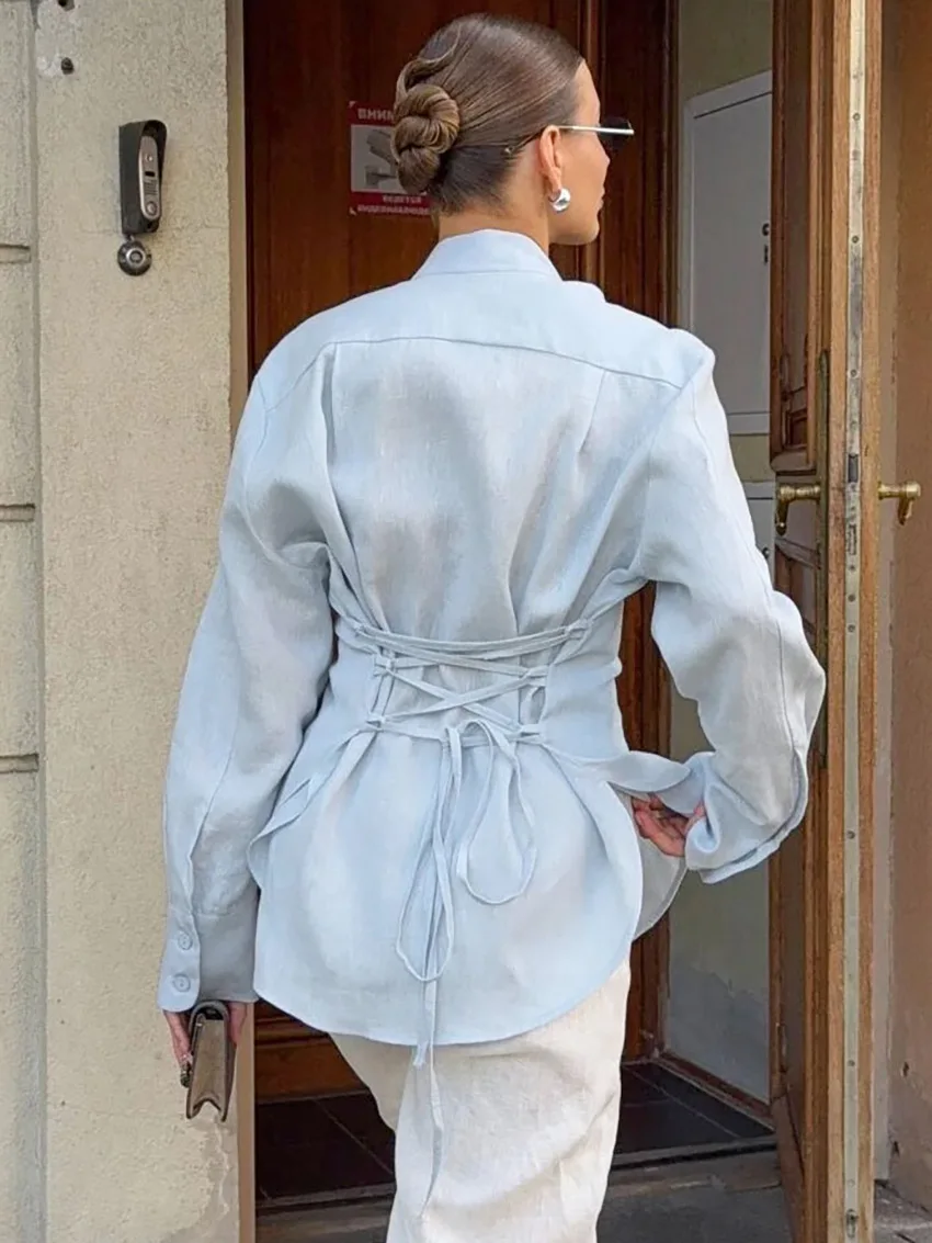 

Элегантная синяя хлопковая блузка с воротником-шарфом 2026 года, женская офисная рубашка с красной однобортной застежкой, модный осенний топ с длинным рукавом