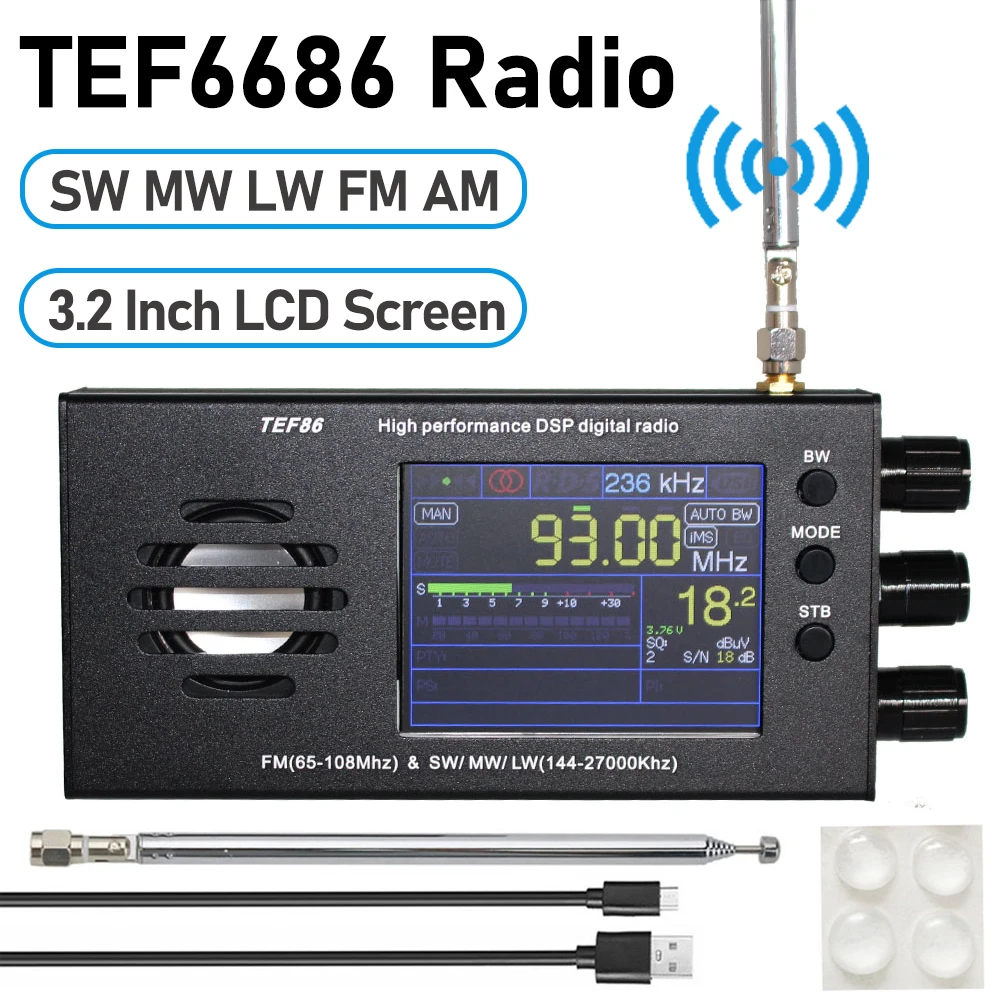 TEF6686 DSP Radio Receiver FM(65-108Mhz)&SW/MW/LW(144-27000Khz) Full Band Radio Receiver 3.2 Inch LCD Portable Shortwave Radio