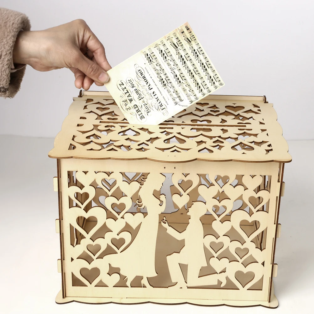 

Proposal Card Boxes Hollow Wood Design Wedding Favor Box for Cards Flowers Gifts Heart Pattern Environmental Protection Handmade