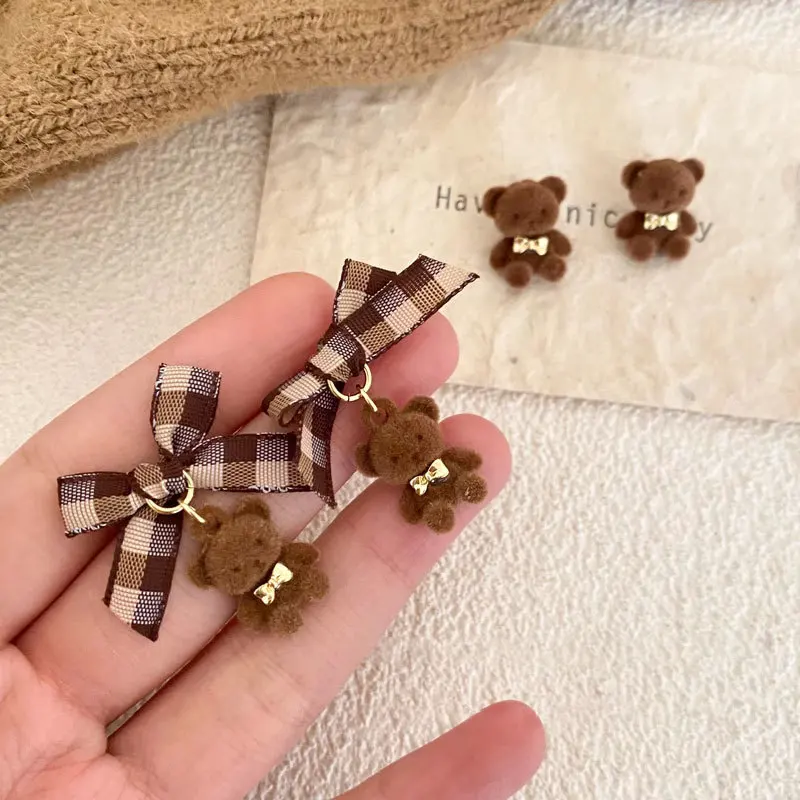 Checkered Bow Plush Bear Earrings New American College Style Coffee Colored High-End Unique Earrings Cute Plush Gril Earrings