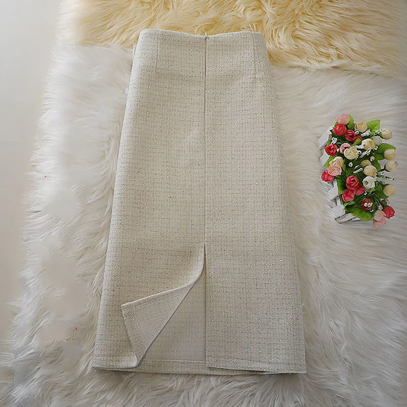 New Autumn/Winter Fashion Korean Edition High Waist Shiny Silk Small Fragrant Fur Temperament Mid Length A-line Split Skirt