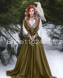 Hunter Army Green Autumn Princess Fantasy Prom Dresses Fairy Long Sleeve Vintage Renaissance Medieval Costume Evening Dress