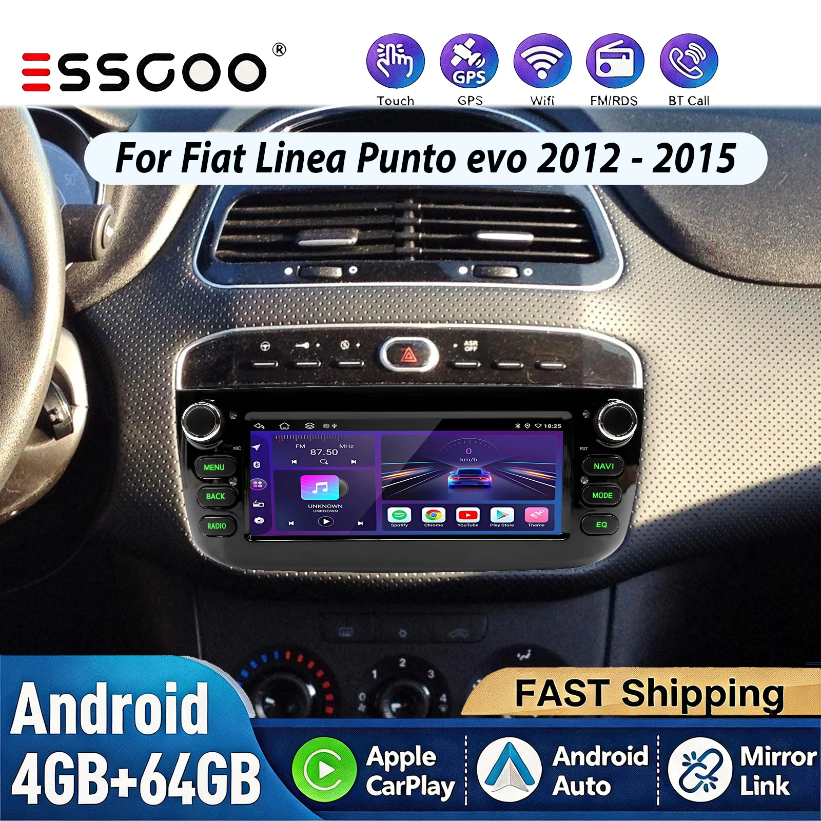 Essgoo 7 Zoll 4+64G Für Fiat Linea Punto EVO 2012-2016 Android 15 Carplay Multimedia-Player Stereo Android Auto Radio GPS RDS NAV WLAN BT