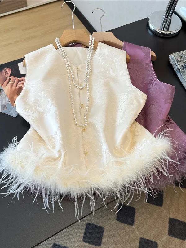 

Китайский модный комплект для женщин на осень-зиму: базовая рубашка с высоким воротником и жилет из хлопка с перьевой аппликацией, комплект из двух предметов