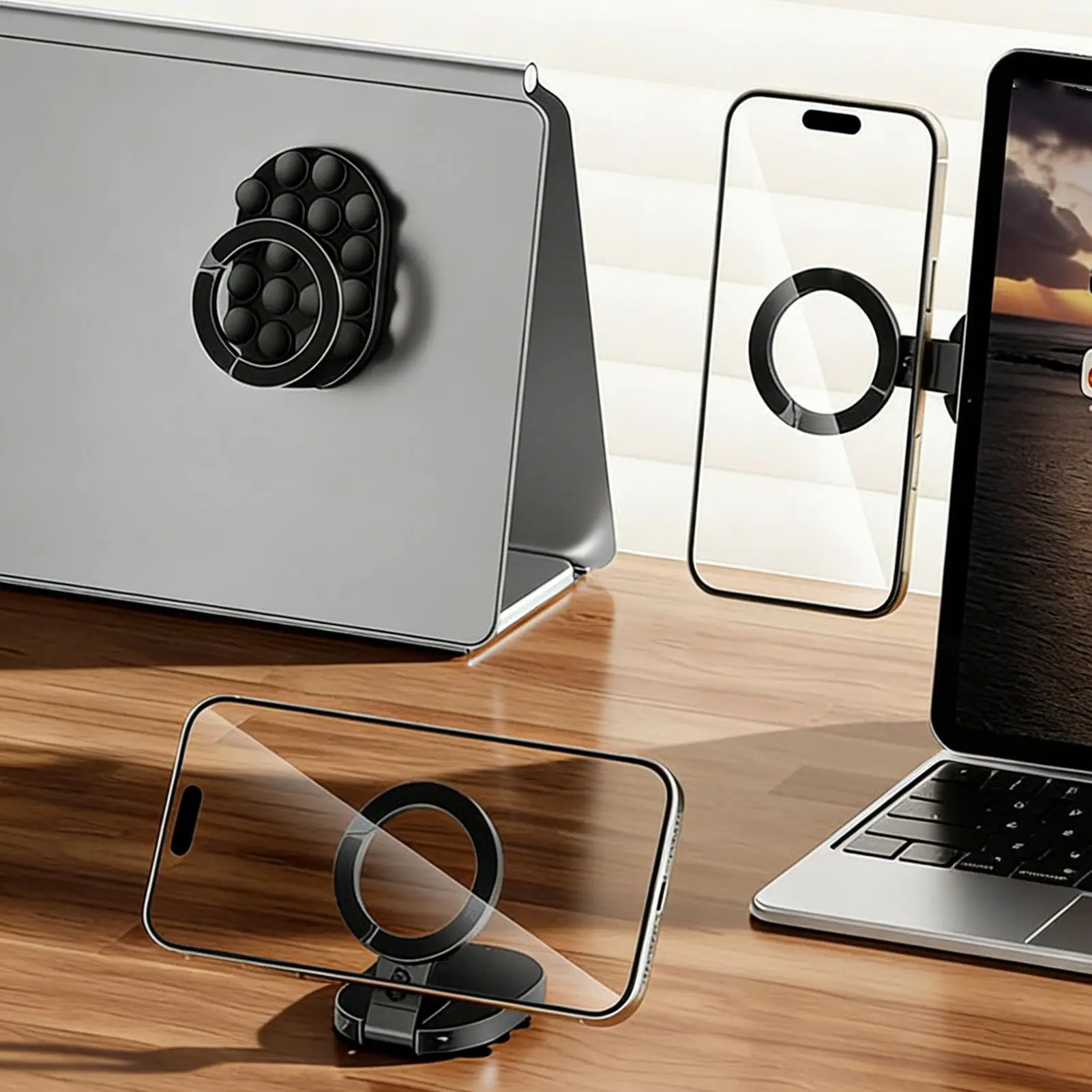 

Magnetic Smartphone Desktop Stand With Suction Cup for iPhone Mini Pocket Stand for Glass Windows Laptop 360 Degree Adjustable