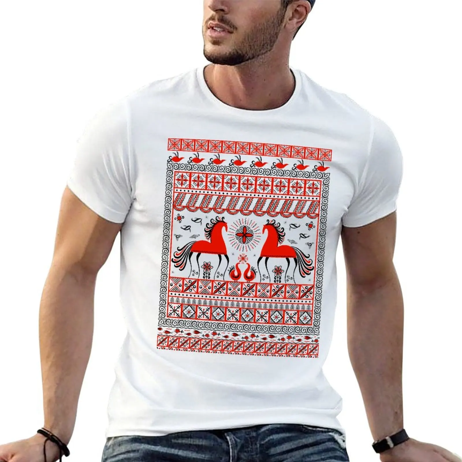 Birds, horses, spruce - symbols of prosperity and good luck. Mezen painting. Russian folklore ornament. T-Shirt