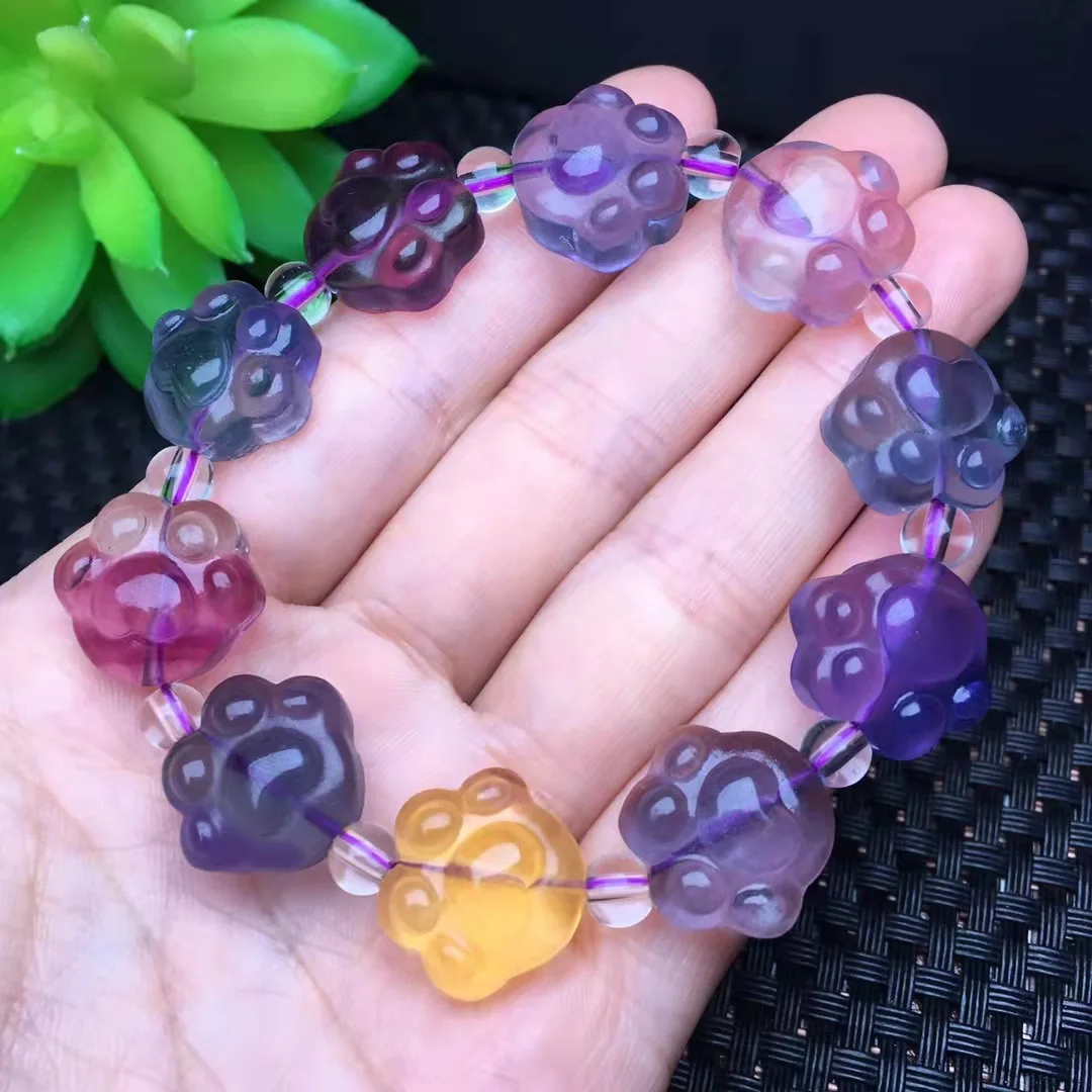 Natural Colorful Fluorite Quartz Cat Paw Beads Bracelet 14mm Wealthy Paw Purple Women Yellow Fluorite Bracelet AAAAA