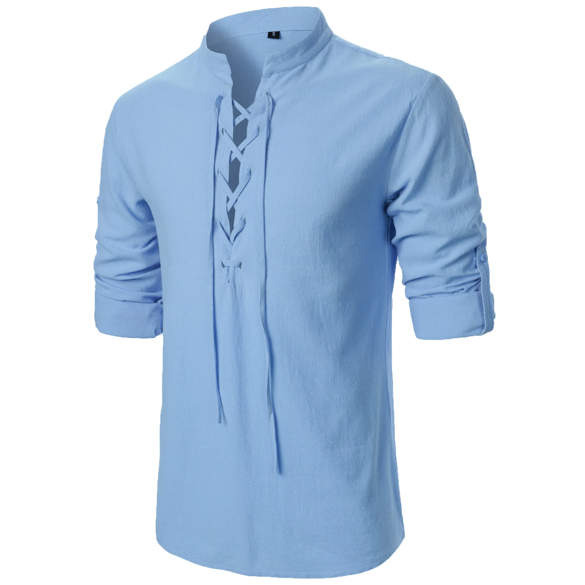 

Men Shirts Breathable Cotton Linen Henry Shirt Formal Vintage Long Sleeve Blouse Social Camisa Lace Up Yoga Tees Chemise S-XXL