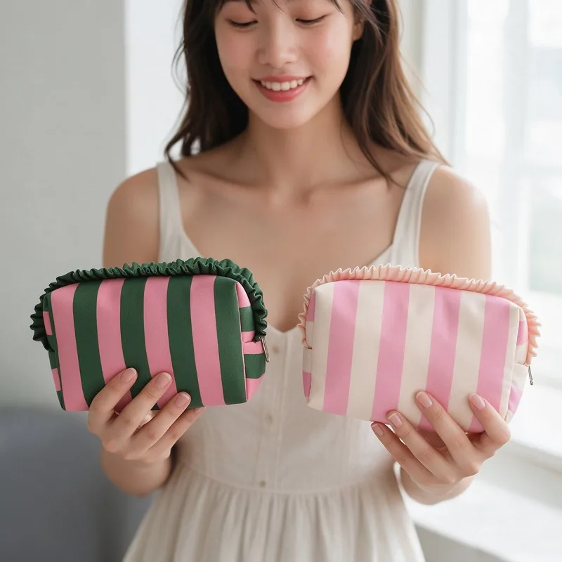 Ins Style Color Block Vertical Striped Cosmetic Bag for Women Female Ruffle Fabric Wash Brush Bag Pillow Shape Storage Pouch