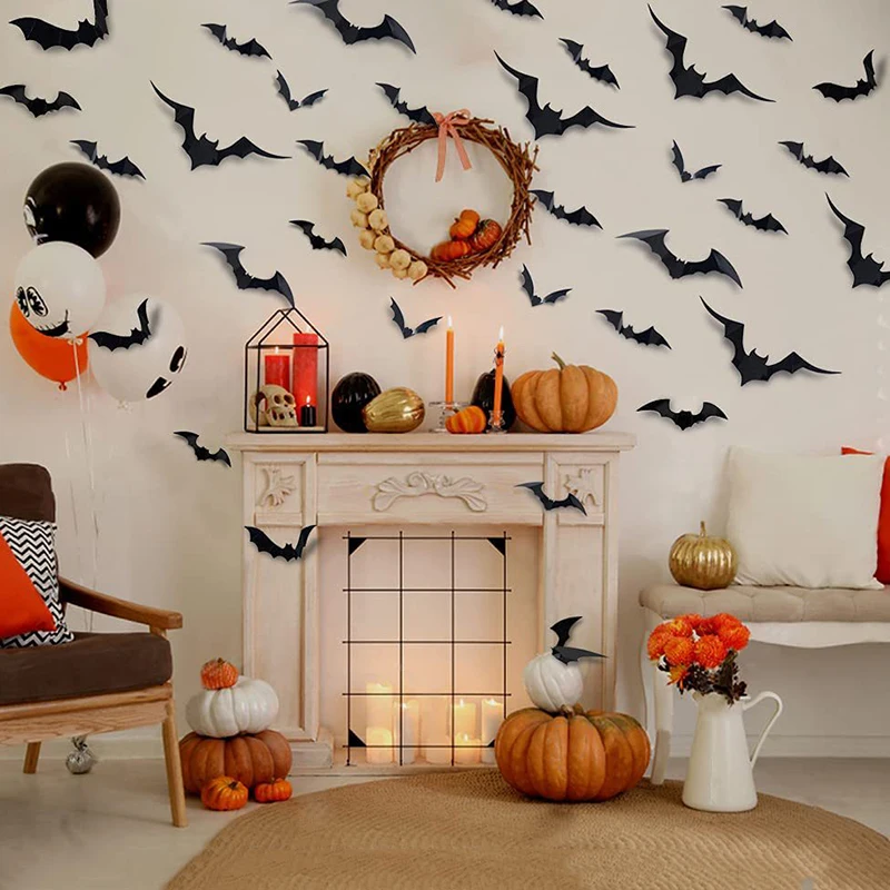 12/48pcs Halloween Sticker Decoration 3D Black Bat Spider Ghost Halloween Party Bar Room Decor Party Scary Props Wall Sticker