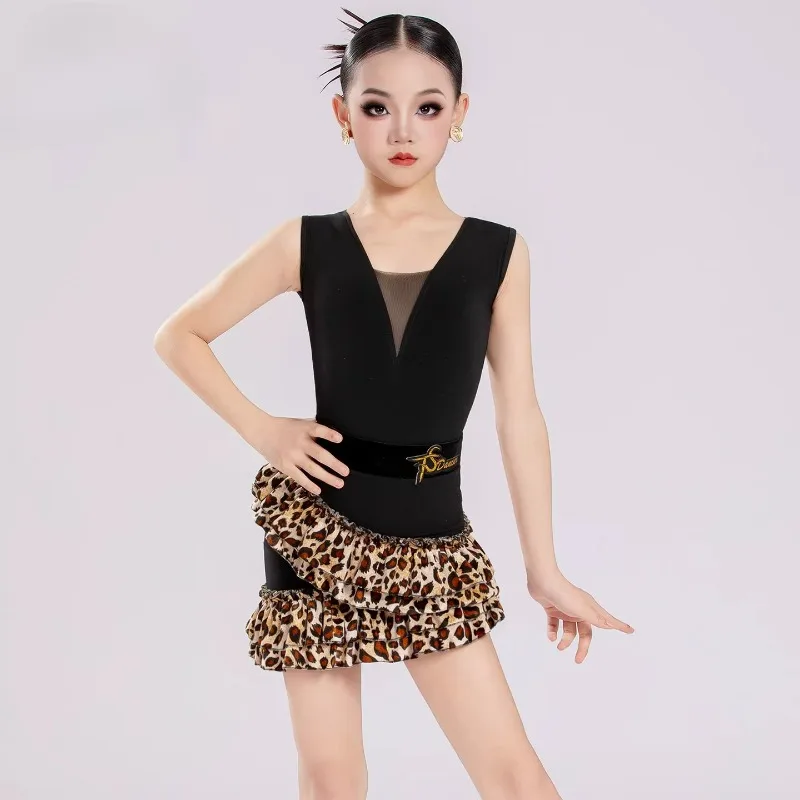 

Детский костюм для латиноамериканских танцев: черное платье с леопардовым принтом и рюшами на талии для девочек, высококачественная одежда для тренировок и выступлений