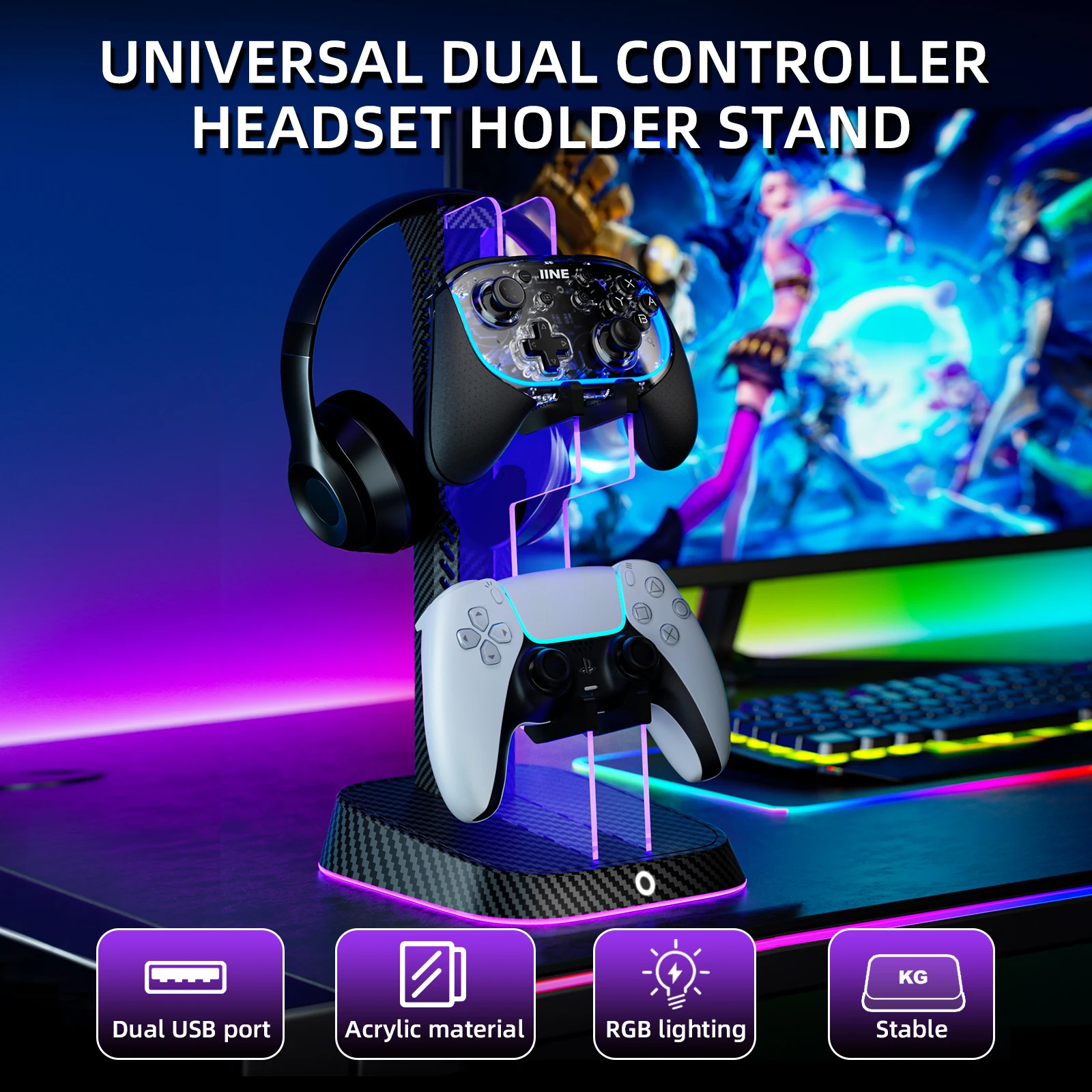 IINE Universal Dual Controller Headset Holder Stand RGB lighting Stable And Anti-Slip Design For Pro Controller/Headset