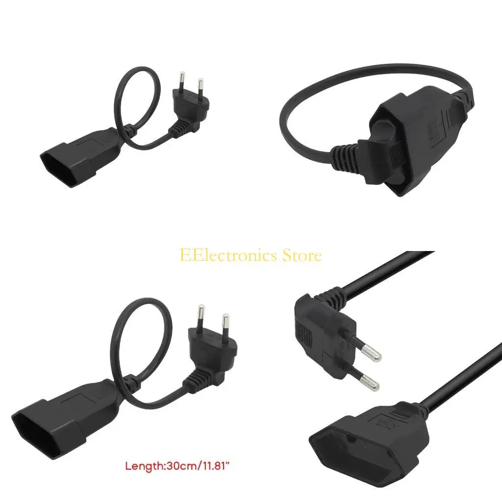 

B03C 30cm EU Power Adapter Cord, 90 Degree Angled European Round 2Pin Male to Female Plug Socket Extension Cable Line