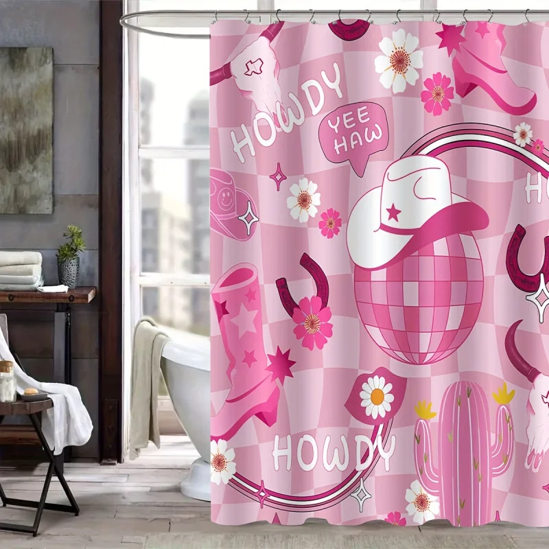 1/3/4pcs Pink cartoon floral cowboy boots pattern shower curtain set, bathroom set, bathroom carpet, U-shaped mat, toilet seat c