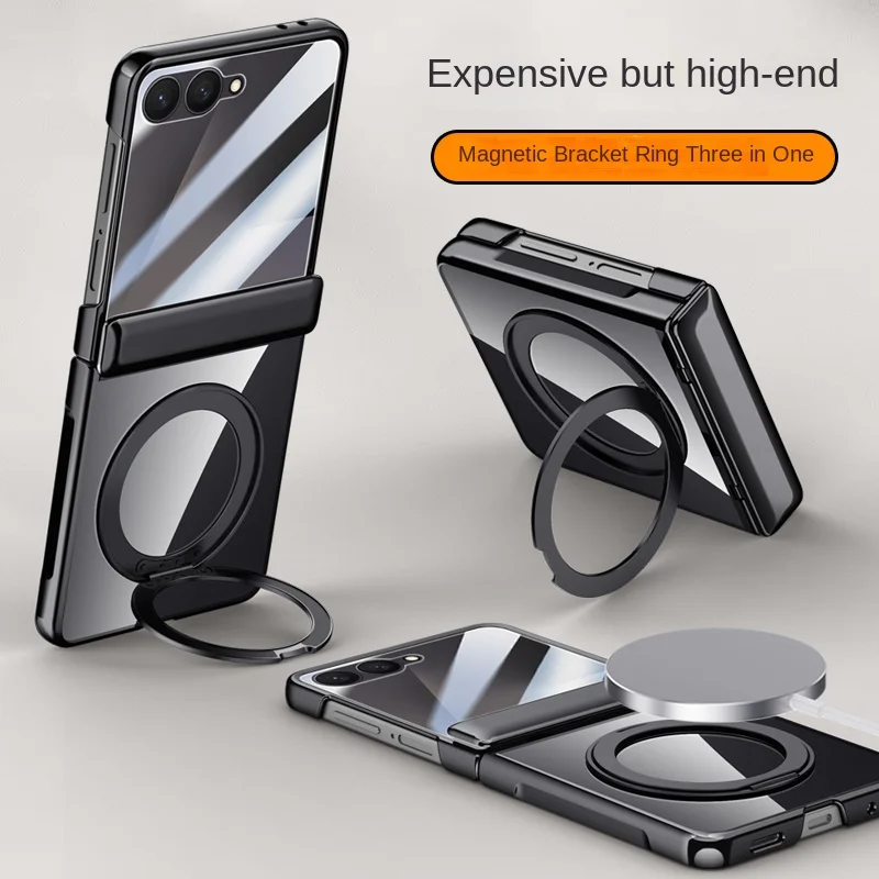 

For Samsung Galaxy Z Filp 7 360° Swivel Alloy Bracket Magnetic & Bracket & Ring 3-in-1 Tempered Glass Film Anti-Drop Phone Case