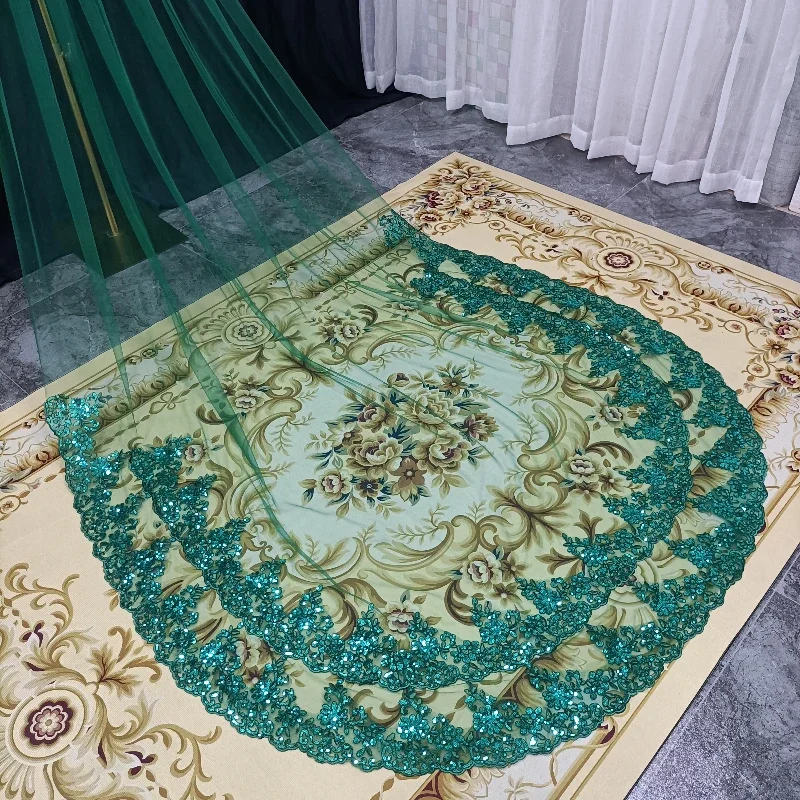 1 طبقة الدانتيل مع الحجاب الزفاف الترتر 3 أمتار طول الكاتدرائية الأخضر الحجاب الزفاف