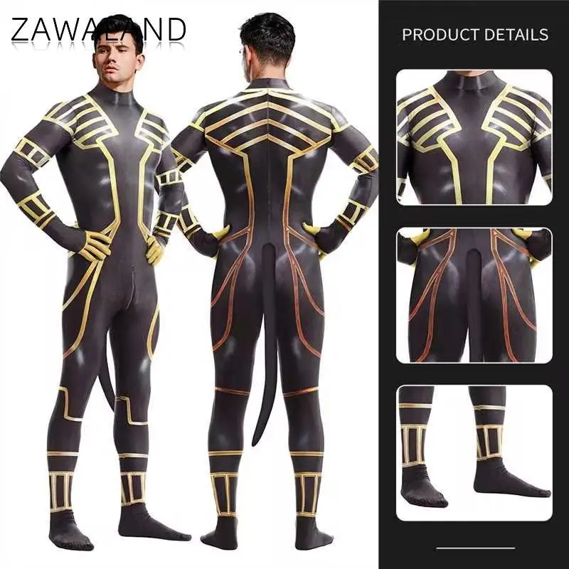 

Zawaland Anubis Petsuit Men Cosplay Costume with Tail Carnival Purim Zentai Suit Crotch Zipper Jumpsuit Holiday Party Clothes