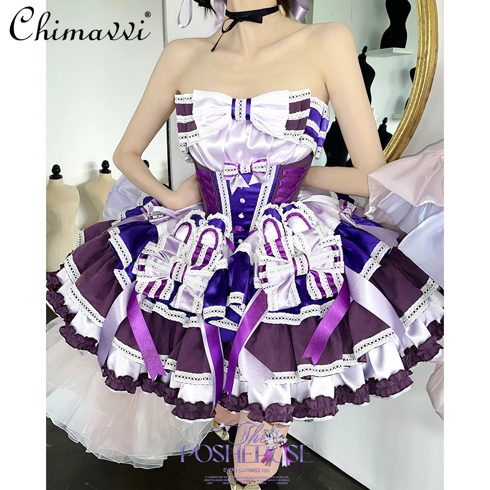 High-end Sweet Bow Ribbon Lolita Dress for Women Spring and Autumn New Cute Girl Lady Sexy Tube Top Birthday Party Short Dresses