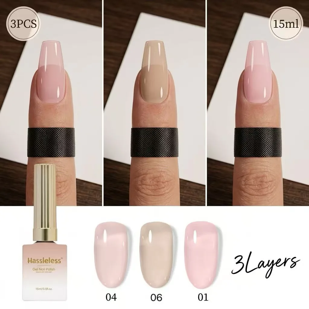 Hassleless 3-piece Ice Clear Gel Nail Polish Set, 15ml per bottle, highgloss mirror finish, decorative gel nail polish for women