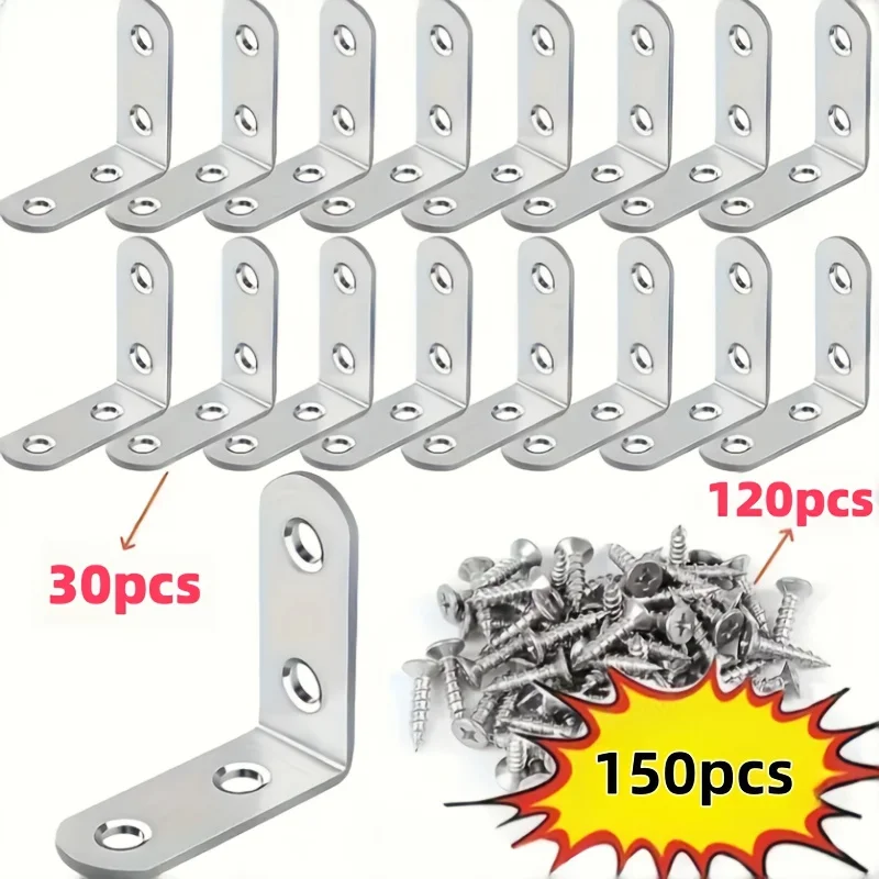 150pcs Stainless Steel L-Bracket Corner Set, Includes 30 Corner Codes And 120 Screws, Stainless Steel, 1.57X1.57 Inch 90 Degree