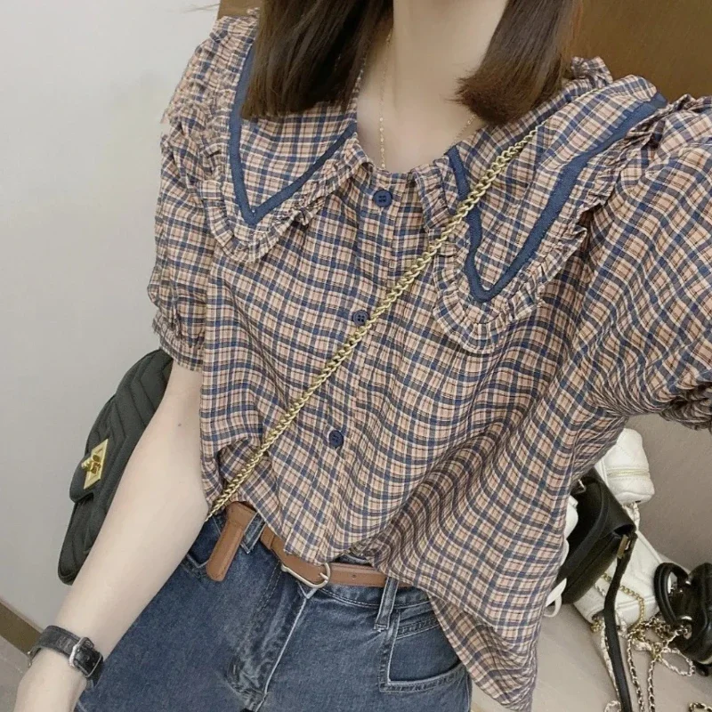 Shirts Women Classic Plaid Simple All-match Age-reducing Peter Pan Collar Design Kawaii Attractive Puff Sleeve Students Leisure