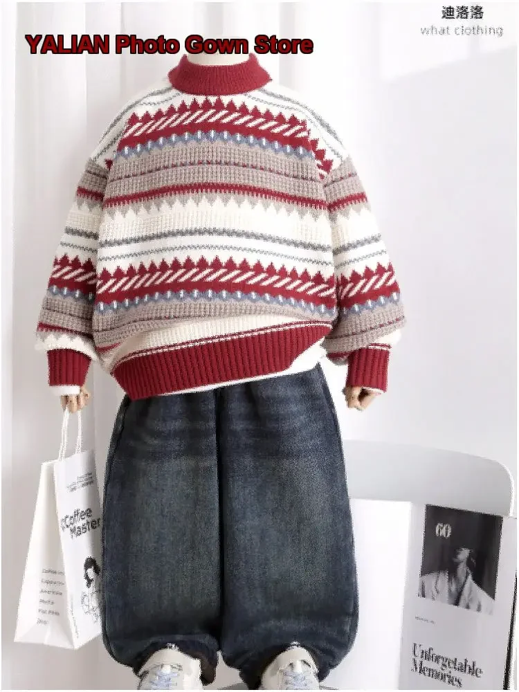Boys Girls Fair Isle Sweater Kids Winter Pullover Thickened Warm Base Layer Top