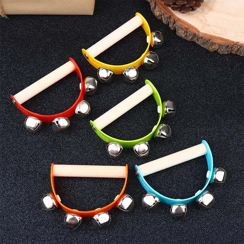 Wooden Half round Children's Tambourine with Clapper Handle - Educational Musical Fun Toy Orff Instruments Hand Ringing Bell
