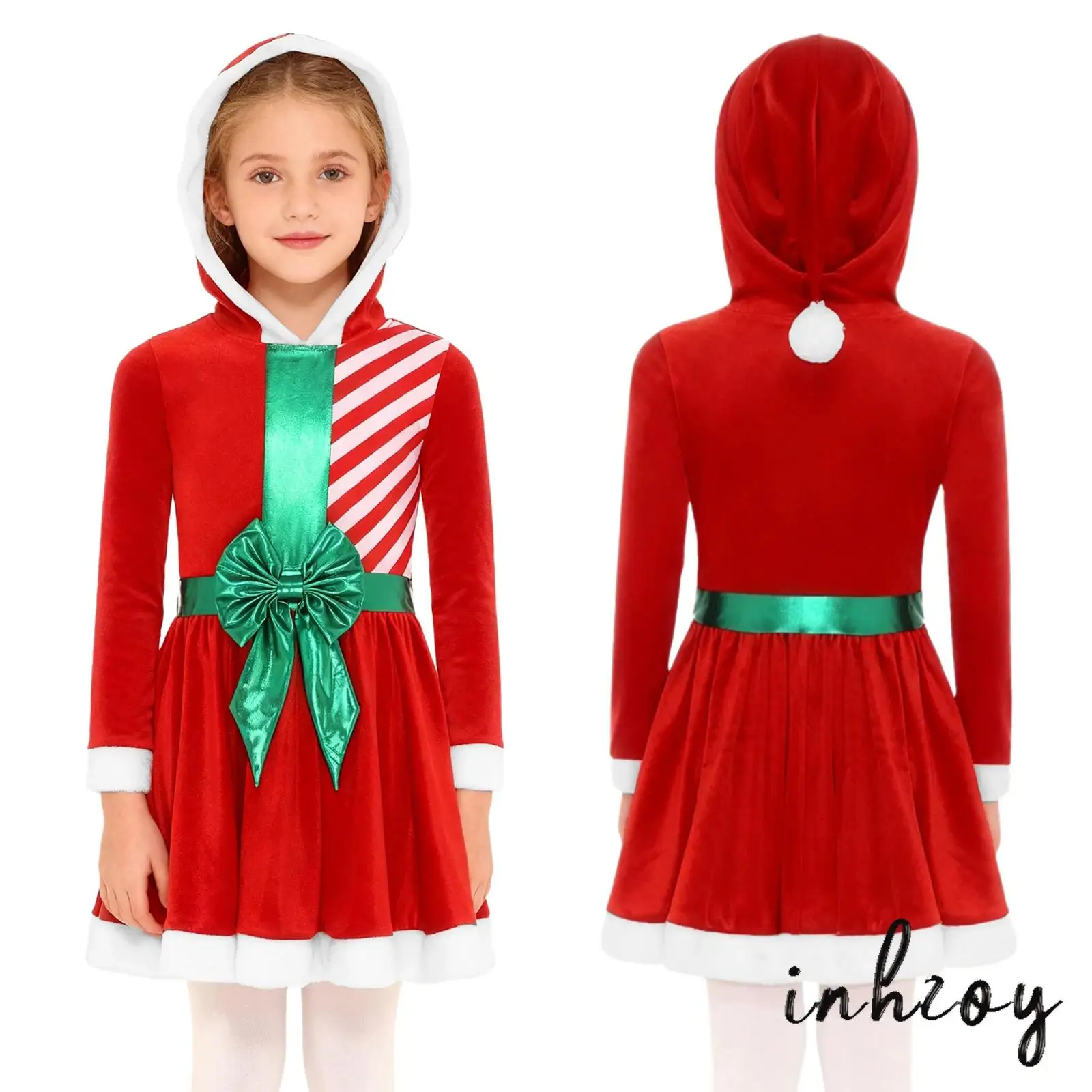 

Girls Christmas Dress Santa Claus Costume Long Sleeve Patchwork Stripe Waist Bow Pointed Pompom Hoodie Dresses for Xmas Parties