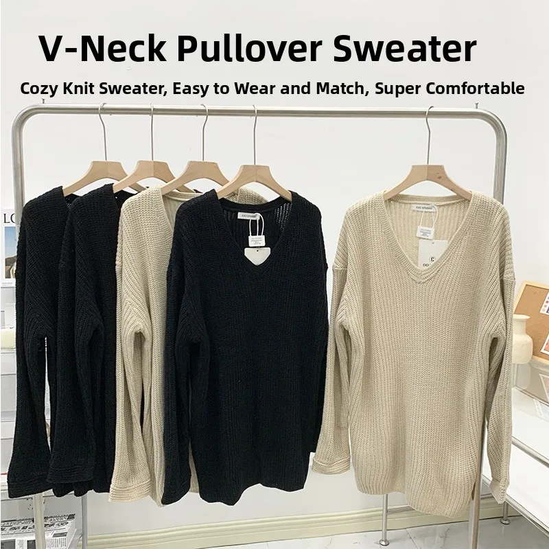 黒のゆったりとしたVネック長袖ニットウェア女性の2023新しい怠惰なスタイルの高級感のあるトップス甘いスタイル無地ラウンドネック