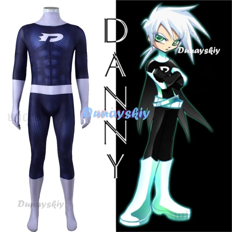 Dorośli dzieci chłopcy Danny Phantom przebranie na karnawał Danny Fenton Zentai garnitur Anime superbohater Halloween body kombinezon mężczyźni kobiety