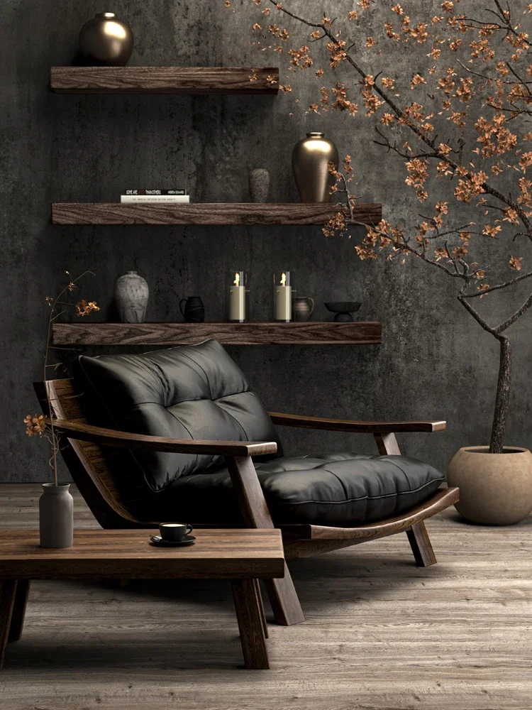 Factory Direct 2026 Top RatedMedieval solid wood leisure chair retro leather single sofa chair designer tea book  sitting sofa