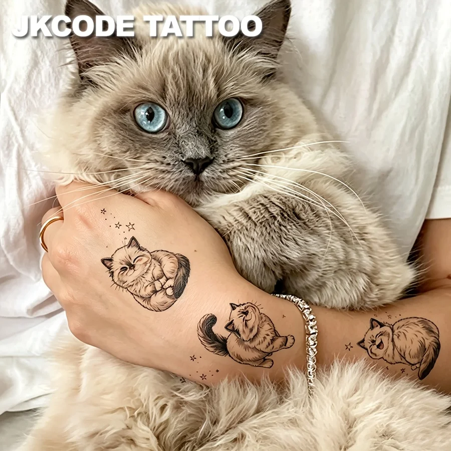 2-Pack of Realistic 3D Simple and Cute Cat Tattoo Stickers, Fashionable Pet Tattoo Stickers, Ragdoll Cat Tattoos, Cute, Beautiful, and Cool Tattoos for Women, Simple, Cute, and Quirky Pink Heart Pattern Tattoo Stickers, Lasting for 3-5 Days