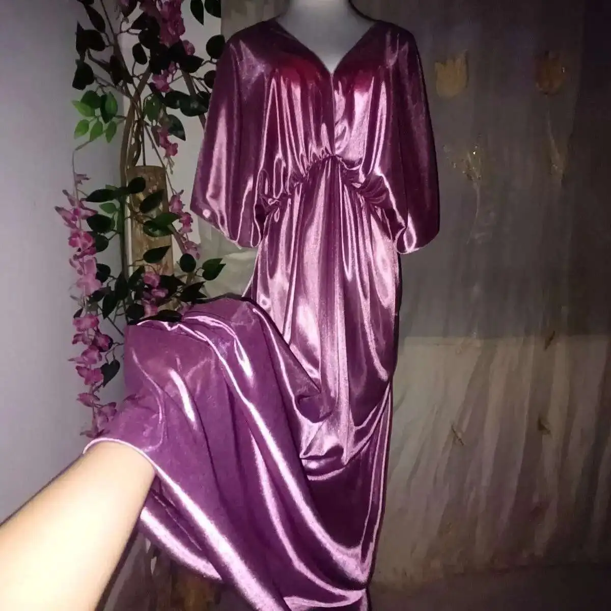 

Pink Green Solid Glossy Backless Women Satin Loose Maxi Dress Deep V Neck Plus Size Sexy Sleeping Robe Private Party Outfit