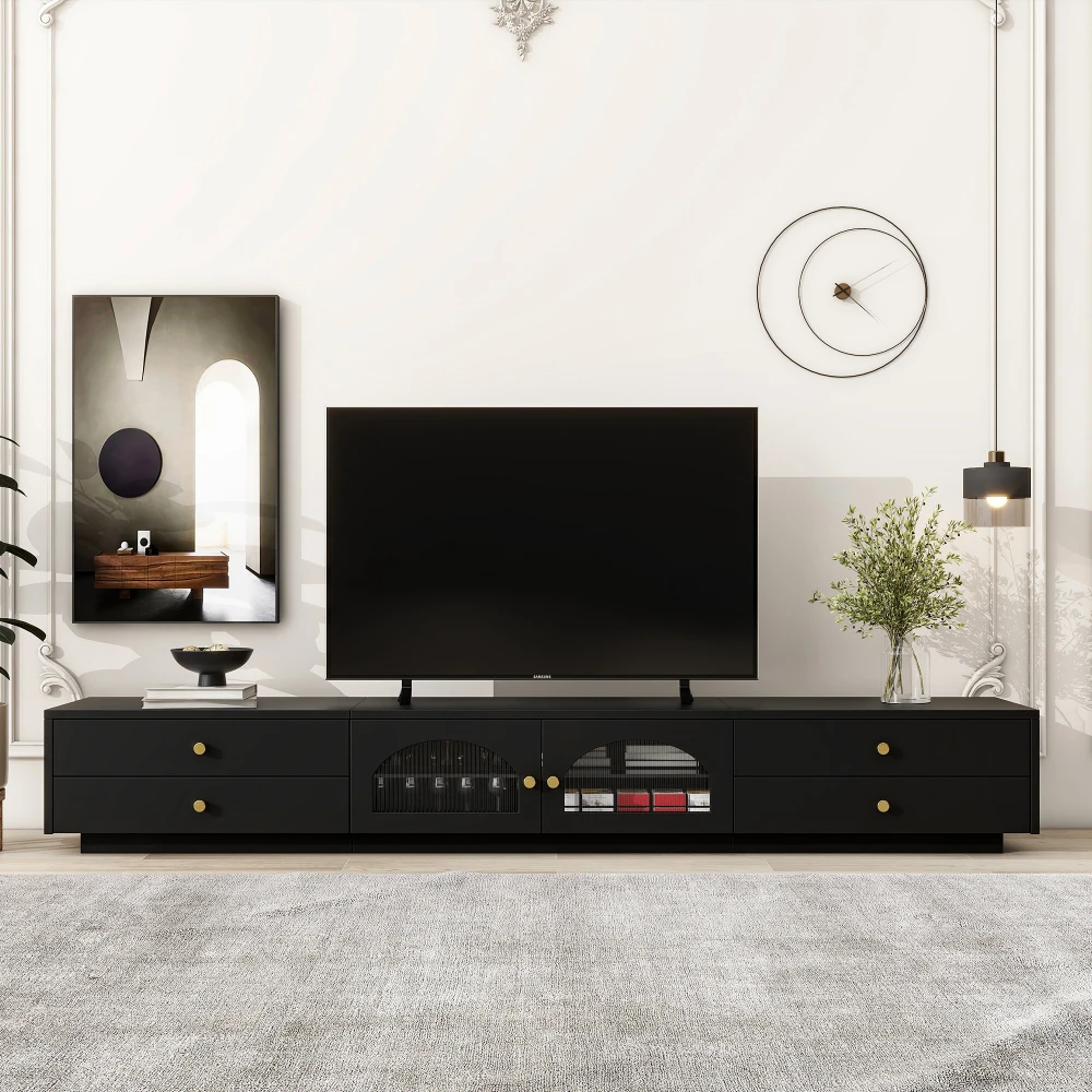 ON-TREND Luxurious TV Stand with Fluted Glass Doors, Elegant and Functional Media Console for TVs Up to 95'', Tempered G