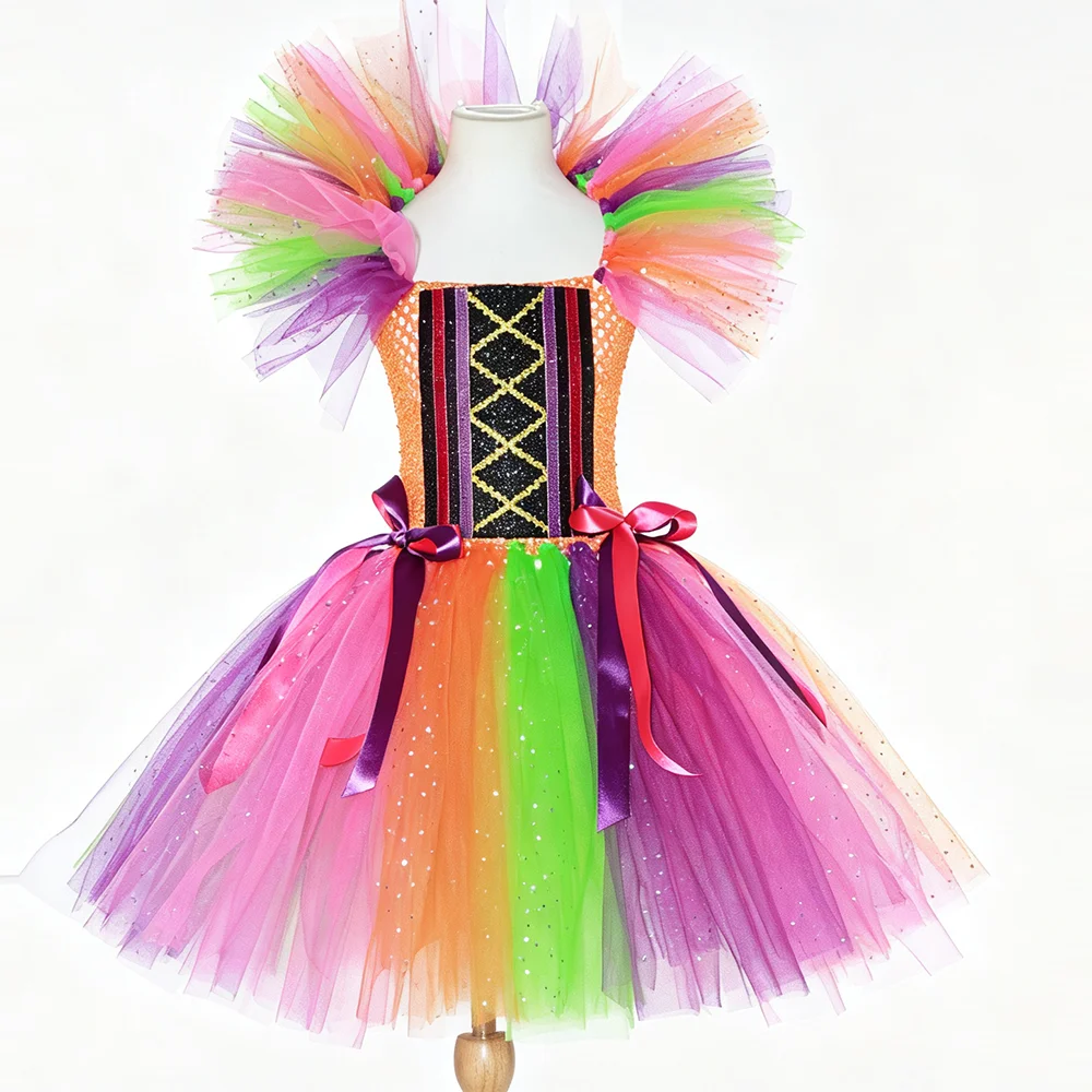 Children Rainbow Colorful Sparkly Tutu Dress Floral Decoration With Witch Hat Cap Broom Set For Halloween Masquerade Party Wear