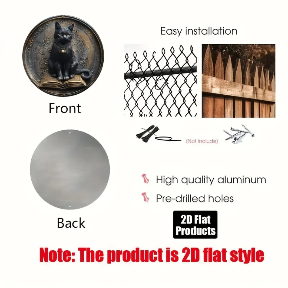 1 قطعة 8x8 "2D شقة خمر القط الأسود وكتاب الألومنيوم الفن-علامة زخرفية مستديرة ، تصميم زودياك غامض للبار ، هدية العيد