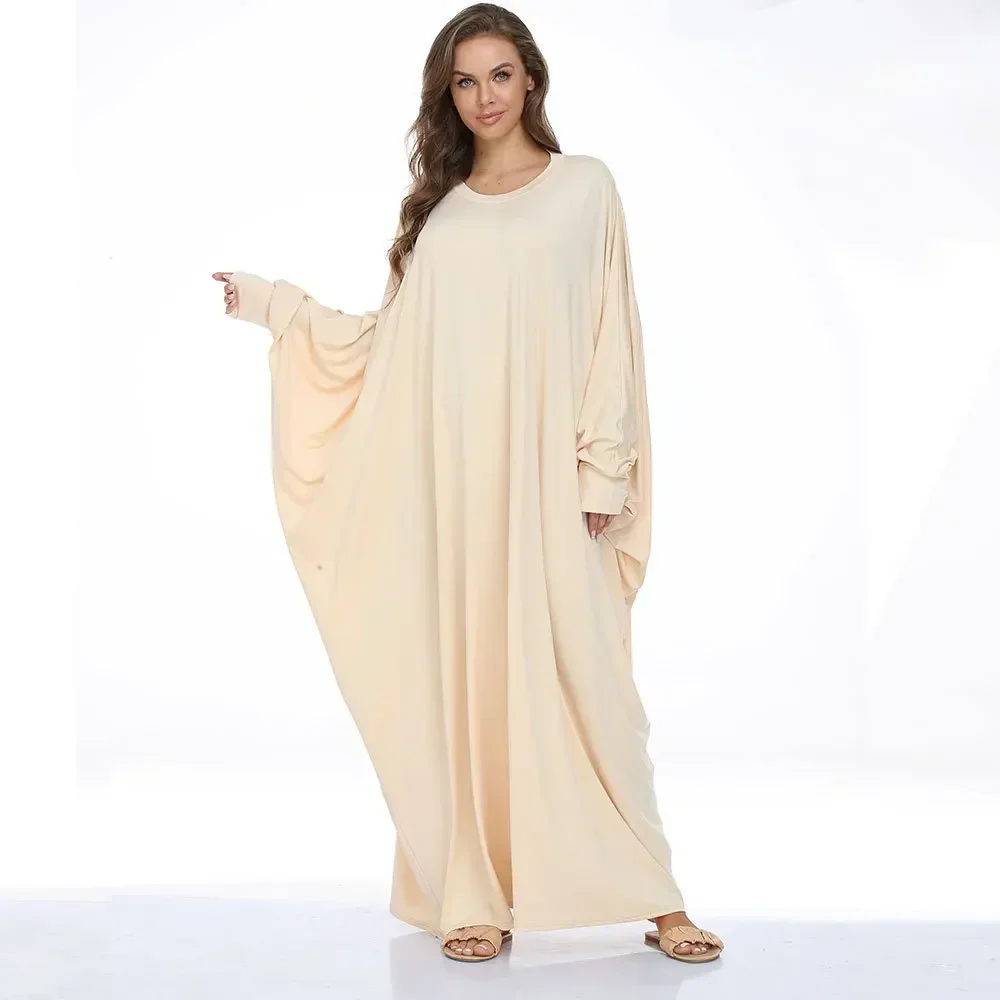 

Muslim Elastic Abaya Prayer Garment Casual Jalabiya Loose Robe Big Bat Sleeve Gown Eid Women Islam Round Neck Maxi Kaftan Dress