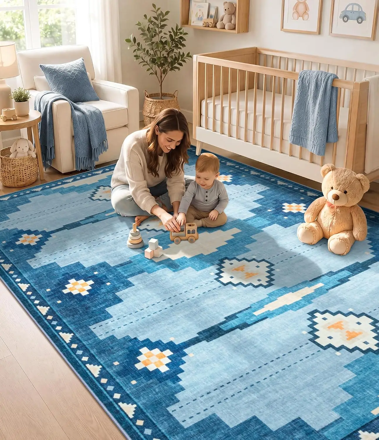 Blue Mid Century Modern Geometric Area Rug, Soft Low-Pile Washable Carpet,Non-Slip Coastal Aztec for Living Room Bedroom Nursery
