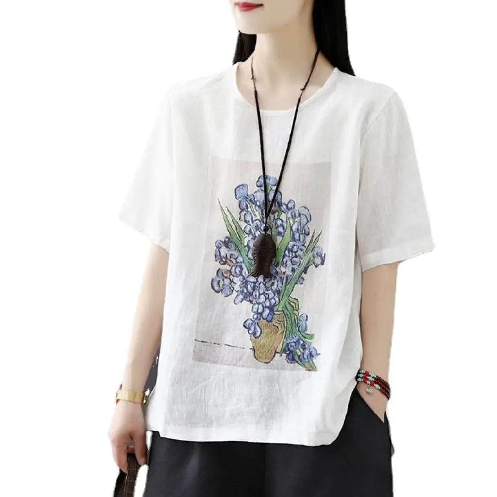 

Women's Cotton Linen T-shirt Short-Sleeved Loose Retro Print plus Size Summer Top Trendy New