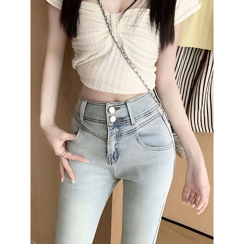 ربيع الخريف حار فتاة القوس مايكرو متوهج الجينز المرأة صغيرتي عالية الخصر التخسيس مطاطا الحصان طماق مستقيم الساق بنطلون #2