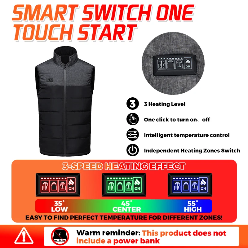Intelligente beheizte Weste mit 21 Heizzonen, die den gesamten Körper wärmt, USB-Heizung, Winter-Thermo-Weste zum Skifahren, Camping, Winter, ärmellose Jacke, Weste. – Detail 2
